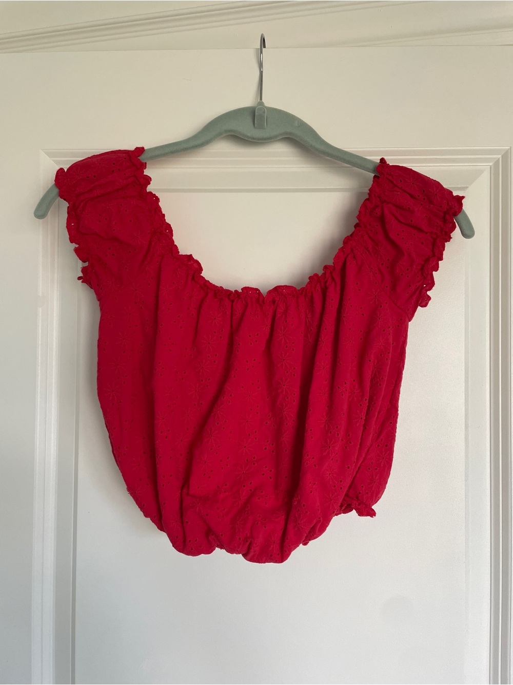 Garage Red Puff-Sleeve Eyelet Crop Top